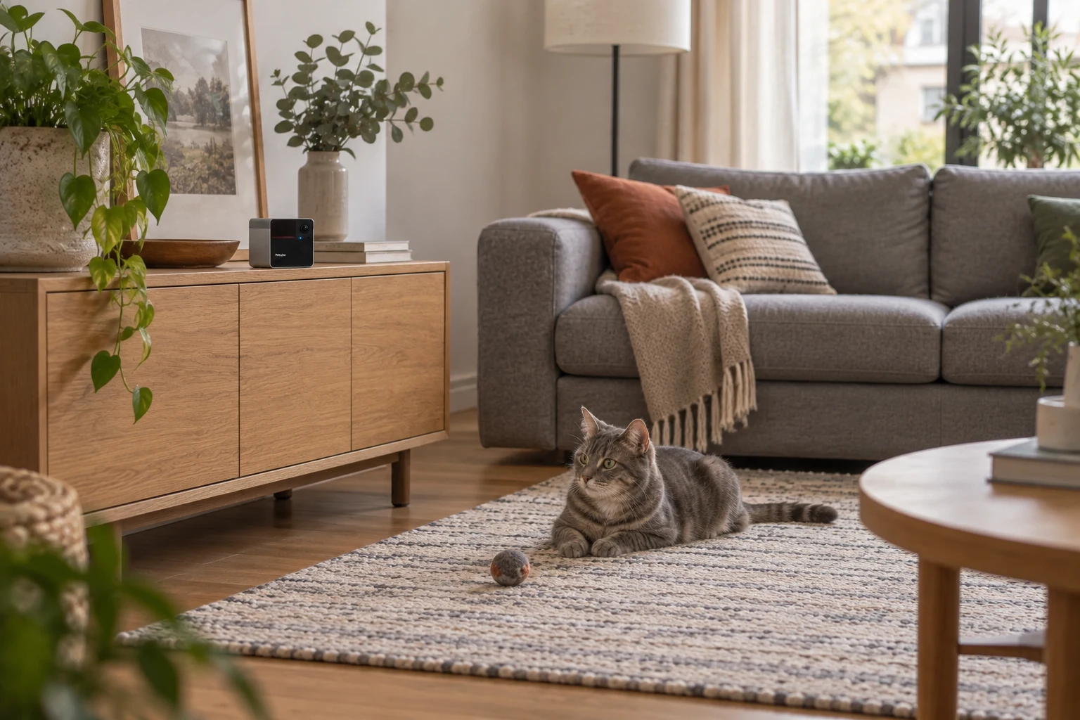 Petcube Play 2 camera beside a cat in a home interior